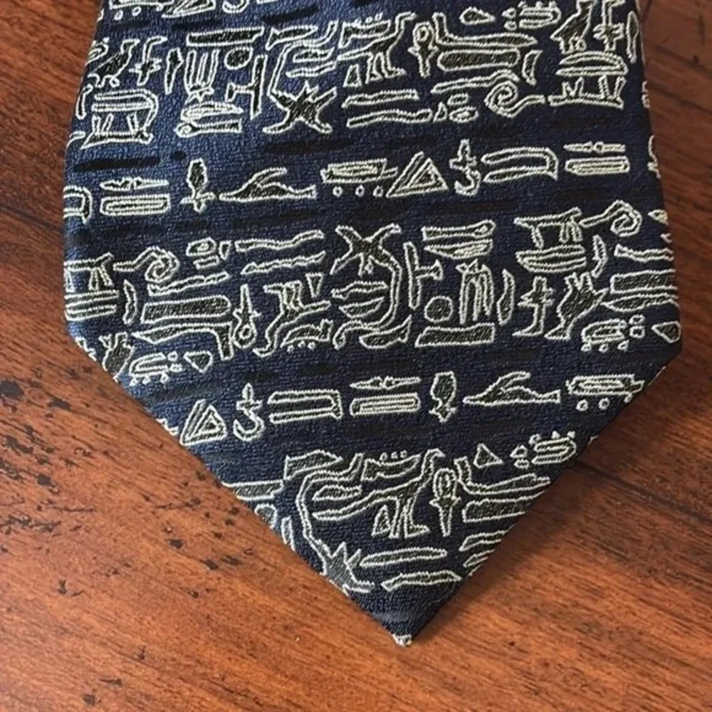 ERMENEGILDO ZEGMA Men Navy Black White Silk Hieroglyphics Necktie Made‎ in Italy